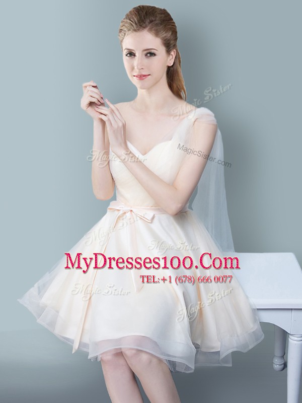 One Shoulder Ruching and Bowknot Court Dresses for Sweet 16 Champagne Zipper Sleeveless Knee Length