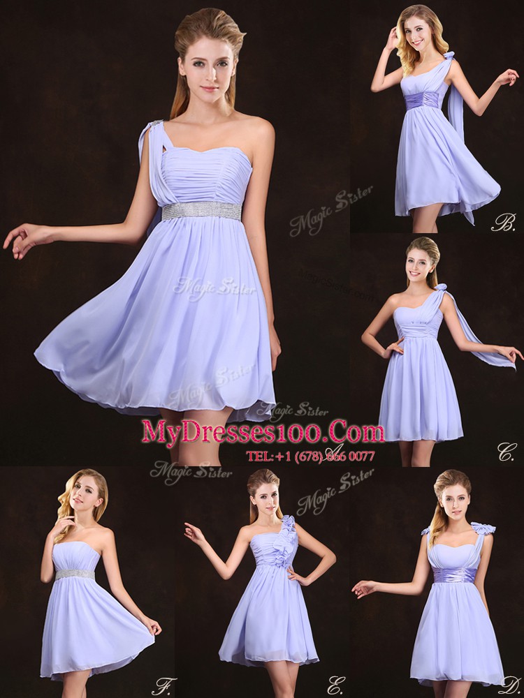Lavender Chiffon Zipper Bridesmaid Dress Sleeveless Mini Length Ruffles and Sequins and Ruching and Bowknot and Hand Made Flower