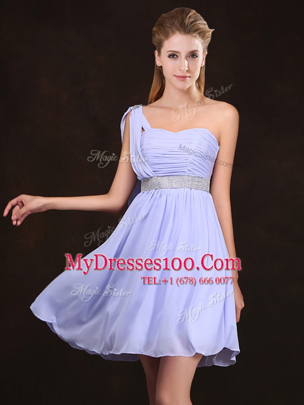 Lavender Chiffon Zipper Bridesmaid Dress Sleeveless Mini Length Ruffles and Sequins and Ruching and Bowknot and Hand Made Flower