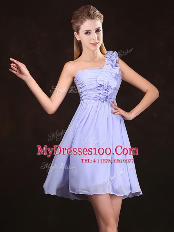 Lavender Chiffon Zipper Bridesmaid Dress Sleeveless Mini Length Ruffles and Sequins and Ruching and Bowknot and Hand Made Flower
