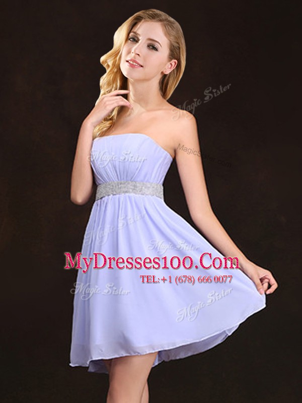 Lavender Chiffon Zipper Bridesmaid Dress Sleeveless Mini Length Ruffles and Sequins and Ruching and Bowknot and Hand Made Flower