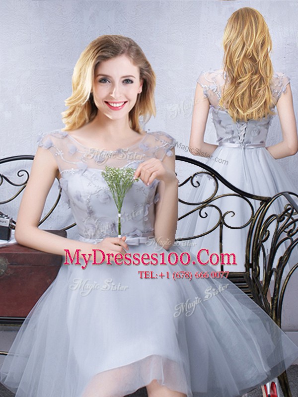 Glittering Grey A-line Tulle Scoop Cap Sleeves Lace and Appliques and Belt Knee Length Lace Up Dama Dress for Quinceanera