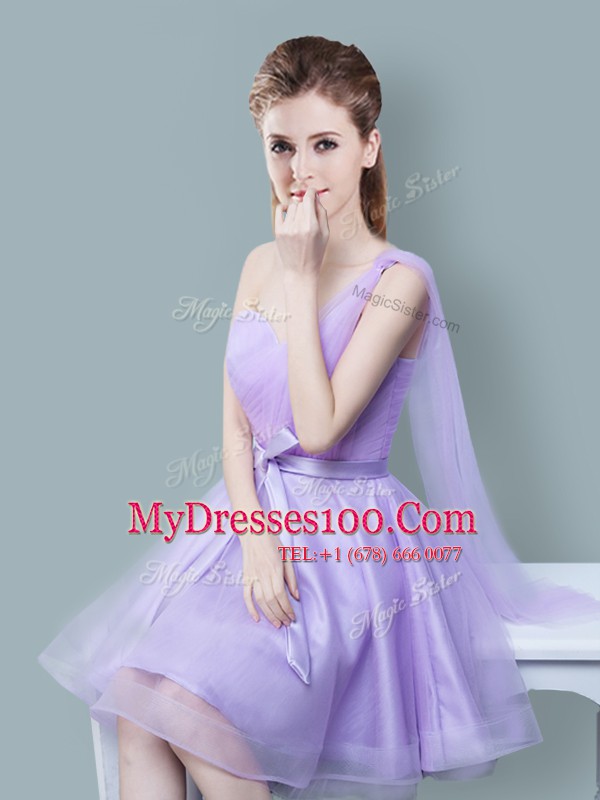 Trendy Lavender Empire Tulle One Shoulder Sleeveless Ruching and Bowknot Knee Length Zipper Bridesmaid Gown