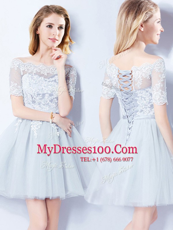 Glorious Off the Shoulder Mini Length Light Blue Quinceanera Dama Dress Tulle Short Sleeves Lace