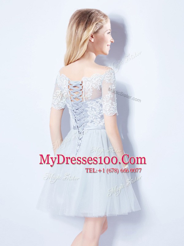 Glorious Off the Shoulder Mini Length Light Blue Quinceanera Dama Dress Tulle Short Sleeves Lace