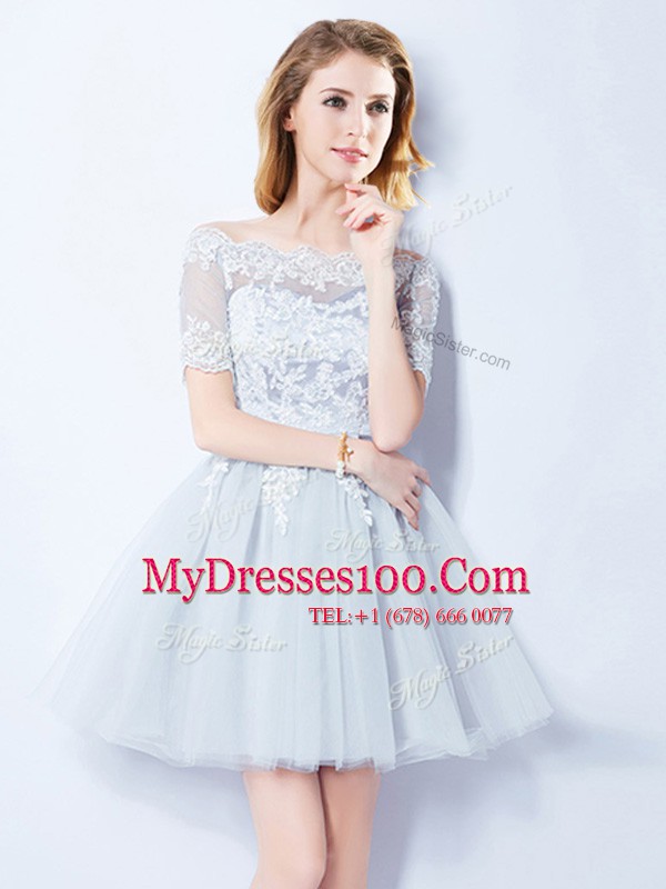 Glorious Off the Shoulder Mini Length Light Blue Quinceanera Dama Dress Tulle Short Sleeves Lace