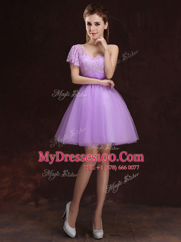 Low Price One Shoulder Mini Length Lilac Bridesmaid Dresses Tulle Sleeveless Lace and Ruching