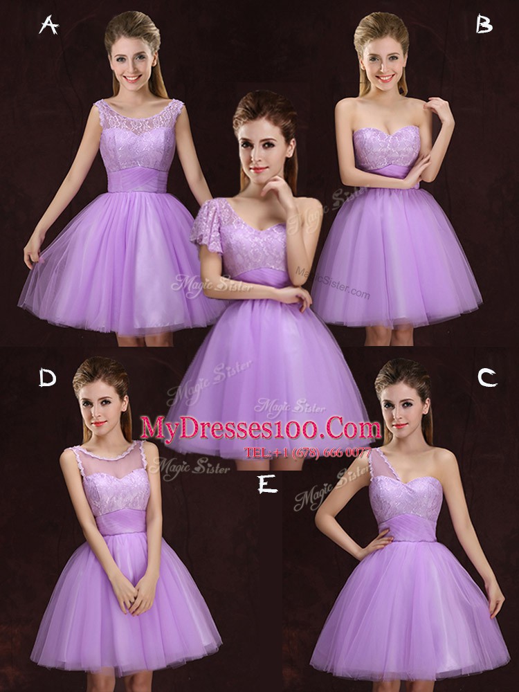 Low Price One Shoulder Mini Length Lilac Bridesmaid Dresses Tulle Sleeveless Lace and Ruching