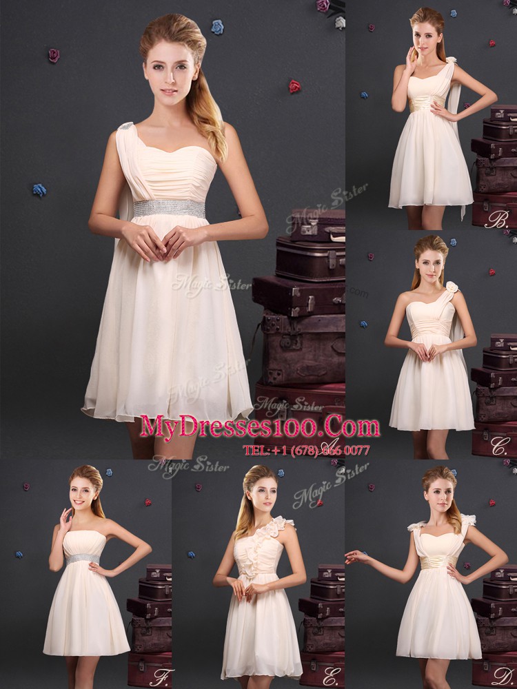 Modest Sleeveless Mini Length Ruffles and Sequins and Ruching and Bowknot and Hand Made Flower Zipper Bridesmaid Dress with Champagne