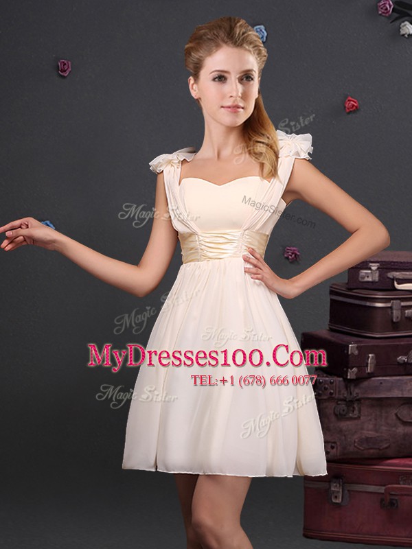 Modest Sleeveless Mini Length Ruffles and Sequins and Ruching and Bowknot and Hand Made Flower Zipper Bridesmaid Dress with Champagne