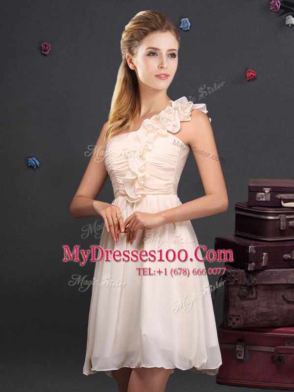 Modest Sleeveless Mini Length Ruffles and Sequins and Ruching and Bowknot and Hand Made Flower Zipper Bridesmaid Dress with Champagne