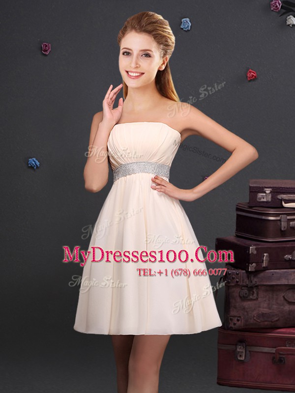 Modest Sleeveless Mini Length Ruffles and Sequins and Ruching and Bowknot and Hand Made Flower Zipper Bridesmaid Dress with Champagne