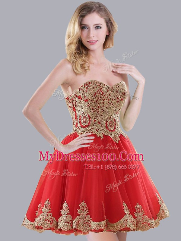 Sleeveless Mini Length Appliques Lace Up Quinceanera Court of Honor Dress with Red