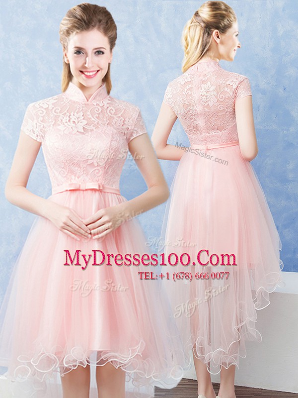 Custom Design Baby Pink Vestidos de Damas Prom and Party and Wedding Party and For with Lace and Belt High-neck Short Sleeves Zipper