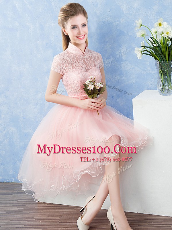 Custom Design Baby Pink Vestidos de Damas Prom and Party and Wedding Party and For with Lace and Belt High-neck Short Sleeves Zipper