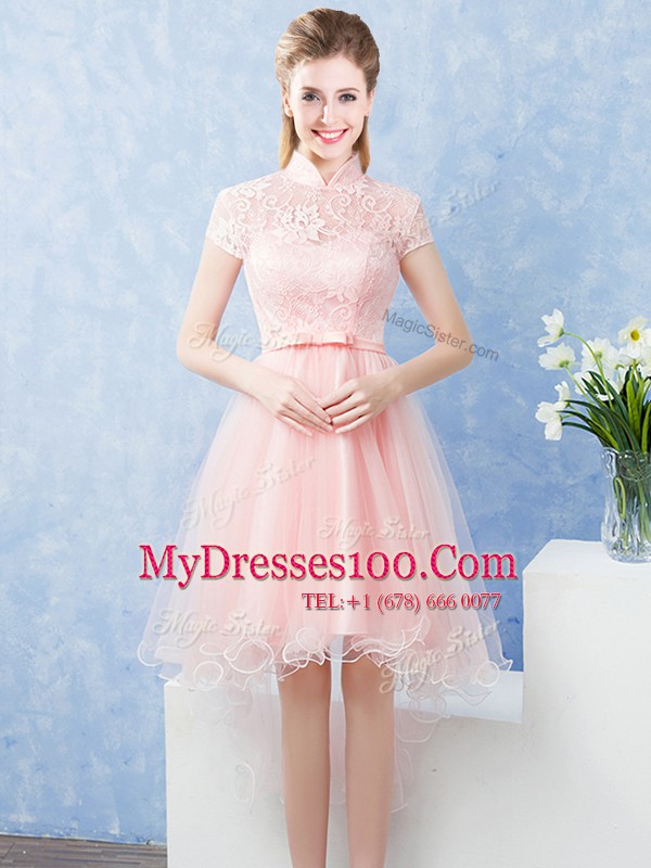 Custom Design Baby Pink Vestidos de Damas Prom and Party and Wedding Party and For with Lace and Belt High-neck Short Sleeves Zipper