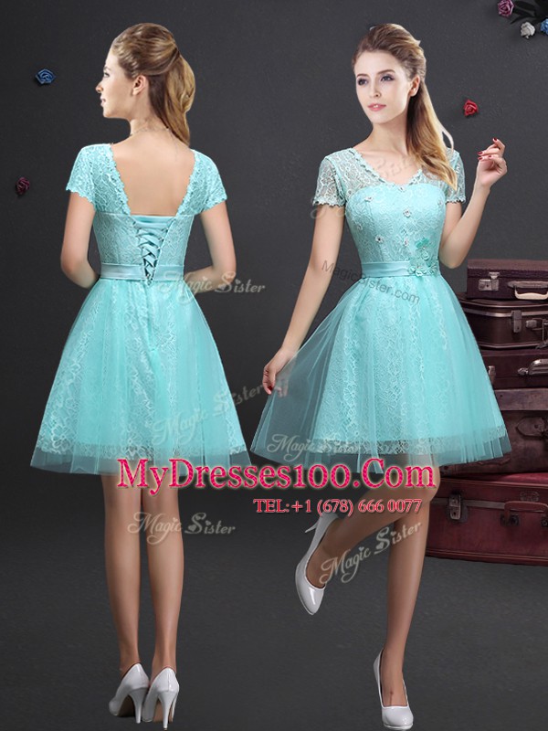 Tulle High-neck Sleeveless Lace Up Beading and Lace and Appliques and Belt Bridesmaid Dresses in Aqua Blue