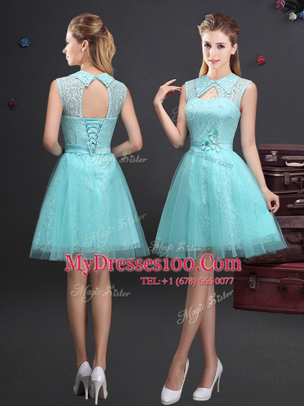 Tulle High-neck Sleeveless Lace Up Beading and Lace and Appliques and Belt Bridesmaid Dresses in Aqua Blue