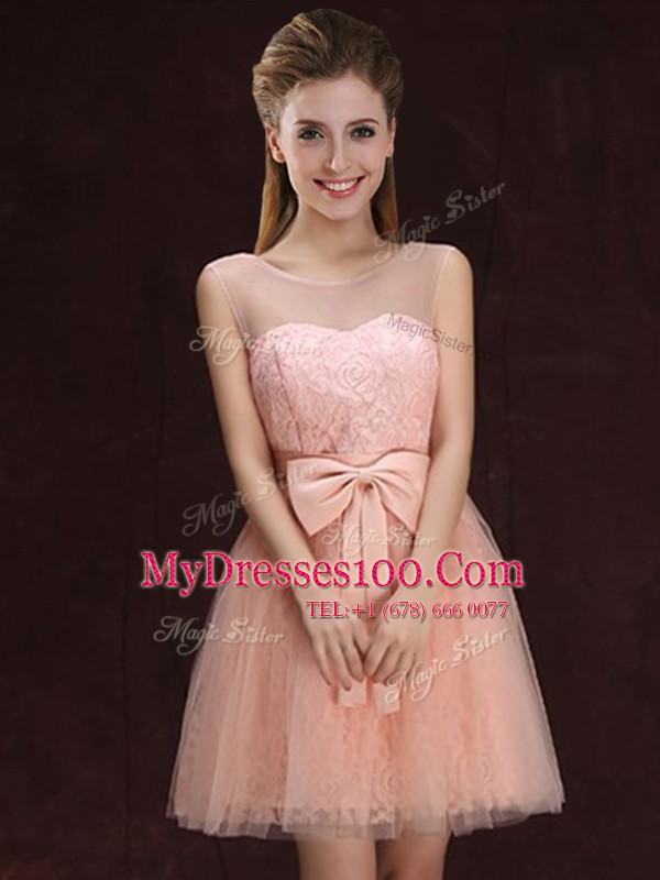 Peach Scoop Neckline Lace and Bowknot Quinceanera Dama Dress Sleeveless Lace Up