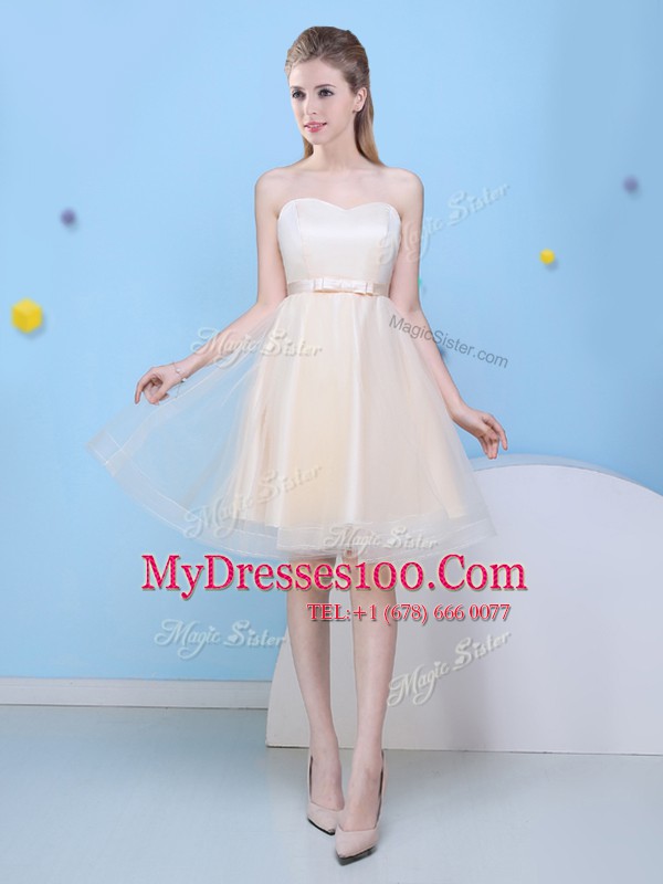 Free and Easy Champagne A-line Sweetheart Sleeveless Tulle Knee Length Lace Up Bowknot Dama Dress for Quinceanera