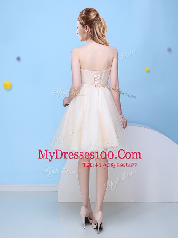 Free and Easy Champagne A-line Sweetheart Sleeveless Tulle Knee Length Lace Up Bowknot Dama Dress for Quinceanera