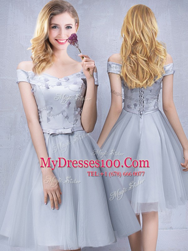 Grey Off The Shoulder Lace Up Appliques and Belt Quinceanera Court of Honor Dress Sleeveless