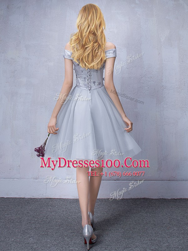 Grey Off The Shoulder Lace Up Appliques and Belt Quinceanera Court of Honor Dress Sleeveless