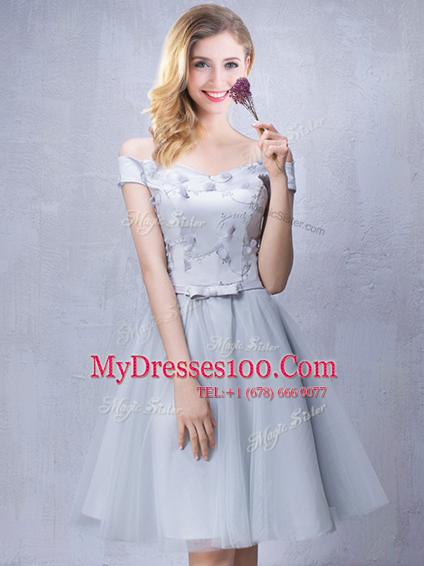 Grey Off The Shoulder Lace Up Appliques and Belt Quinceanera Court of Honor Dress Sleeveless
