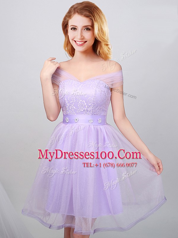 Super Lavender Lace Up Off The Shoulder Lace and Appliques and Belt Dama Dress Tulle Short Sleeves