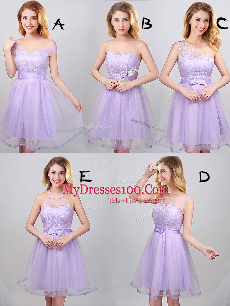 Super Lavender Lace Up Off The Shoulder Lace and Appliques and Belt Dama Dress Tulle Short Sleeves