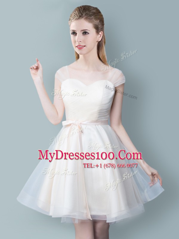 Straps Ruching and Bowknot Wedding Guest Dresses Champagne Zipper Cap Sleeves Knee Length