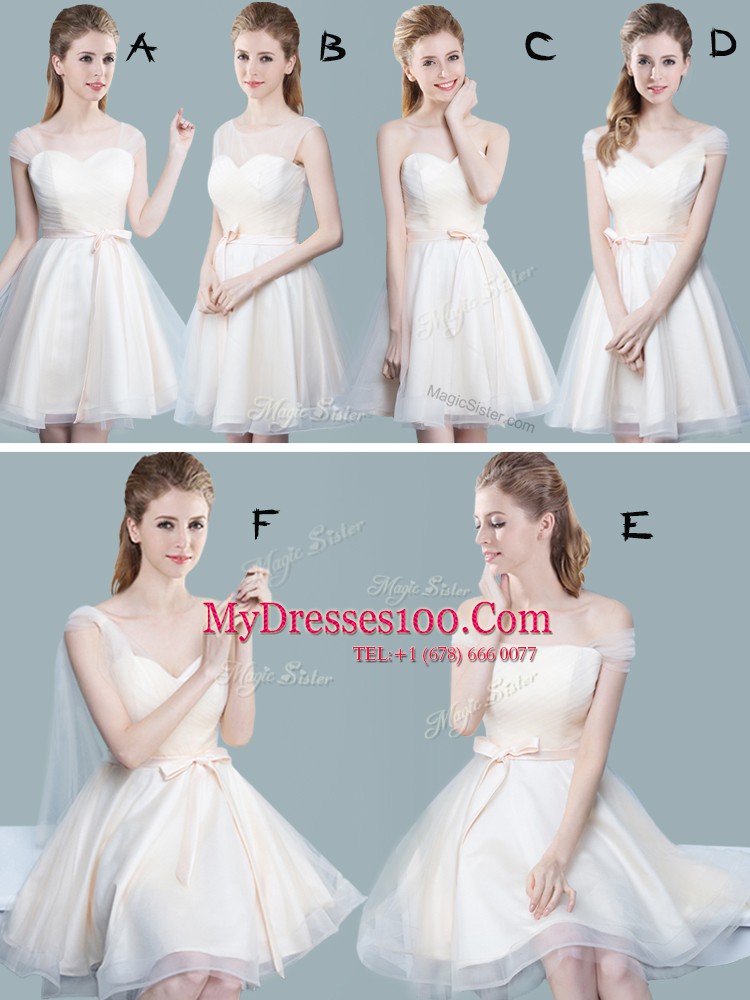 Straps Ruching and Bowknot Wedding Guest Dresses Champagne Zipper Cap Sleeves Knee Length