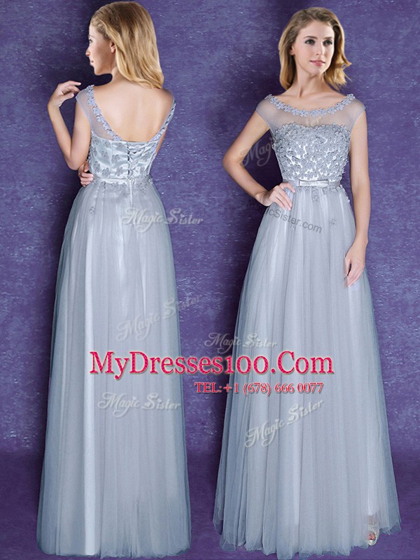 Amazing Scoop Cap Sleeves Lace Up Wedding Party Dress Grey Tulle