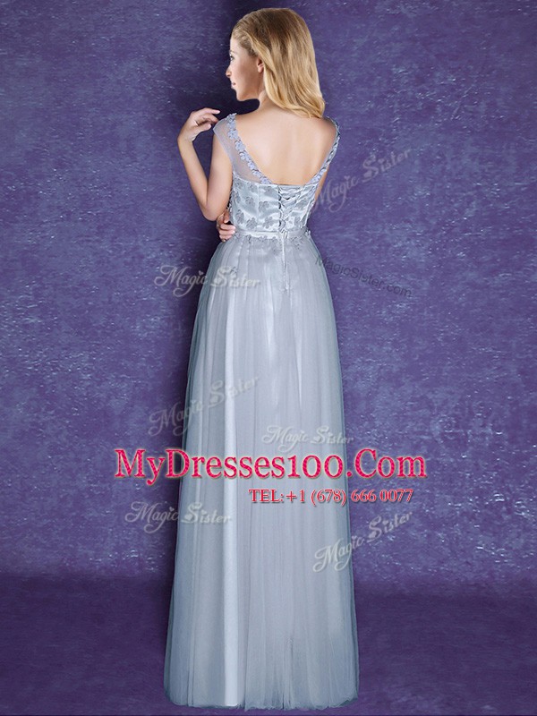 Amazing Scoop Cap Sleeves Lace Up Wedding Party Dress Grey Tulle