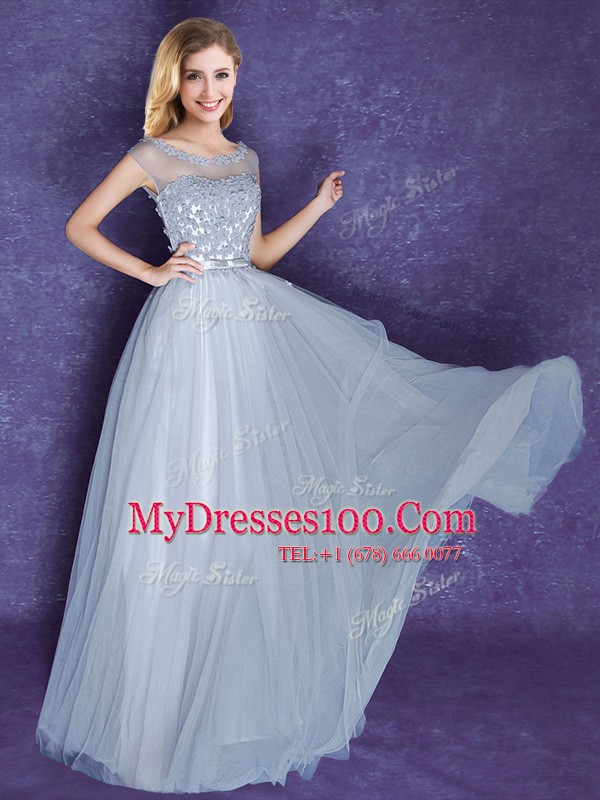 Amazing Scoop Cap Sleeves Lace Up Wedding Party Dress Grey Tulle