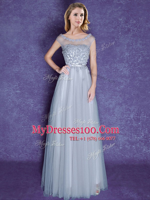 Amazing Scoop Cap Sleeves Lace Up Wedding Party Dress Grey Tulle
