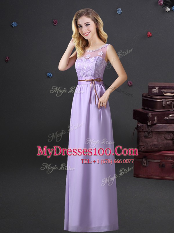 Glorious See Through Scoop Sleeveless Lace Up Bridesmaid Gown Lavender Chiffon