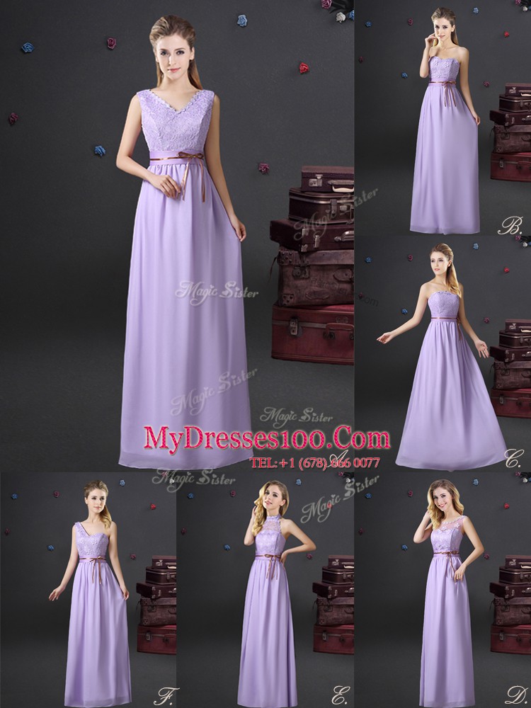 Glorious See Through Scoop Sleeveless Lace Up Bridesmaid Gown Lavender Chiffon