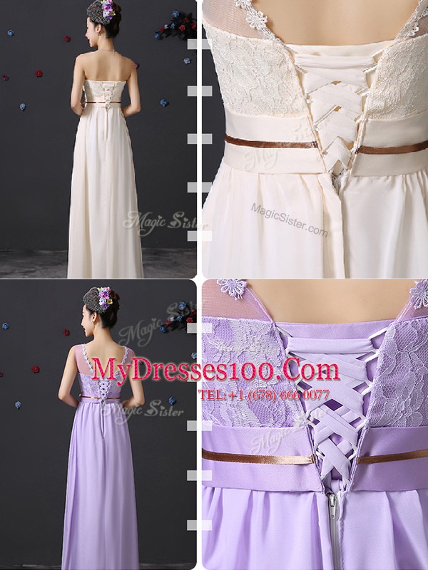 Glorious See Through Scoop Sleeveless Lace Up Bridesmaid Gown Lavender Chiffon
