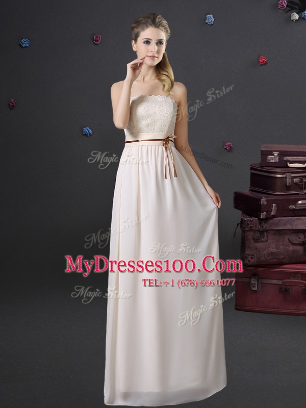 Wonderful Floor Length Lace Up Bridesmaid Dresses White for Prom and Party and Wedding Party with Lace and Belt