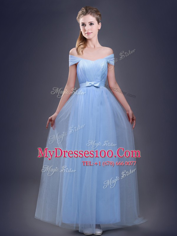 Dazzling Off the Shoulder Sleeveless Tulle Floor Length Lace Up Wedding Guest Dresses in Light Blue with Ruching and Bowknot