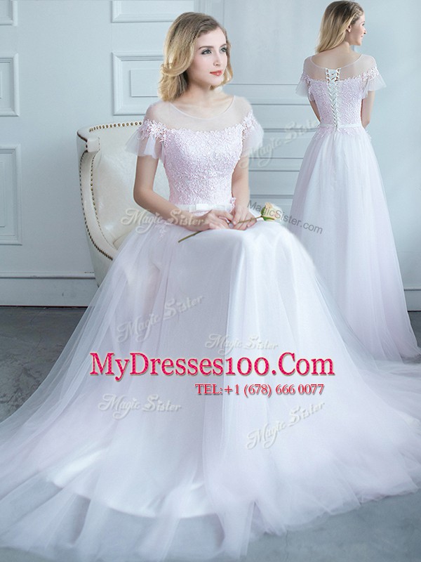 Scoop Lace and Belt Quinceanera Dama Dress White Lace Up Short Sleeves Sweep Train