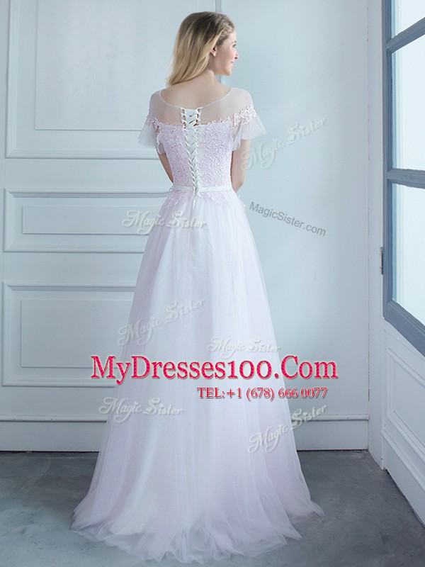 Scoop Lace and Belt Quinceanera Dama Dress White Lace Up Short Sleeves Sweep Train