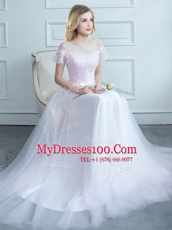 Scoop Lace and Belt Quinceanera Dama Dress White Lace Up Short Sleeves Sweep Train