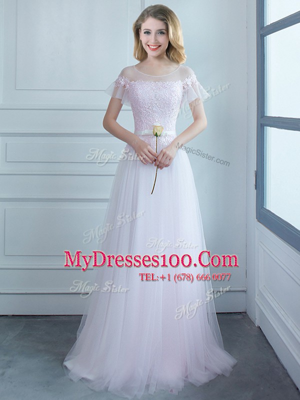 Scoop Lace and Belt Quinceanera Dama Dress White Lace Up Short Sleeves Sweep Train