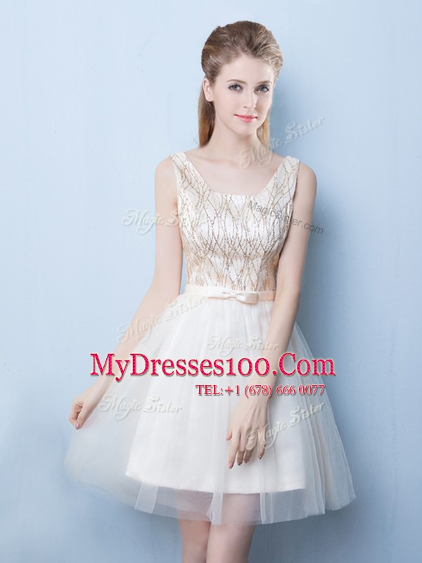 Champagne A-line Square Sleeveless Tulle Mini Length Lace Up Sequins and Bowknot Court Dresses for Sweet 16