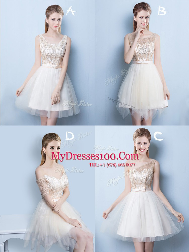Champagne A-line Square Sleeveless Tulle Mini Length Lace Up Sequins and Bowknot Court Dresses for Sweet 16
