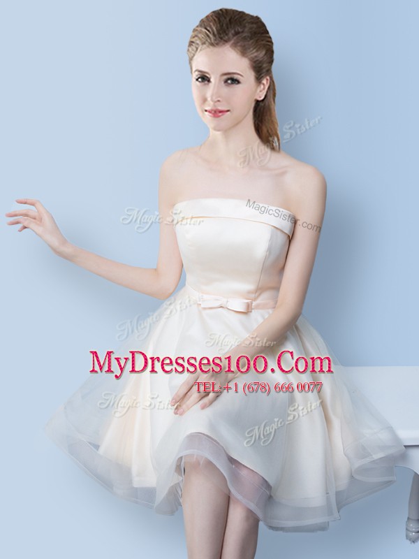 Exceptional White Tulle Lace Up Wedding Guest Dresses Sleeveless Knee Length Bowknot