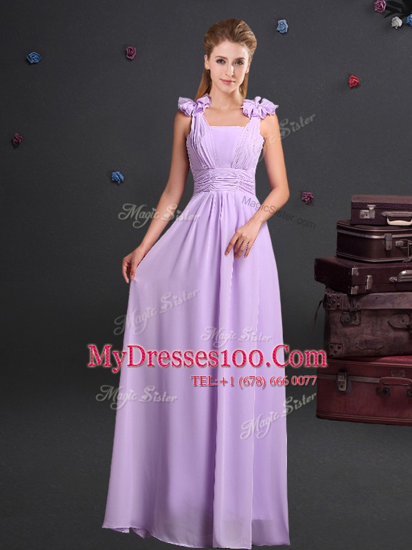 Straps Ruching and Hand Made Flower Bridesmaid Dresses Lavender Zipper Sleeveless Floor Length