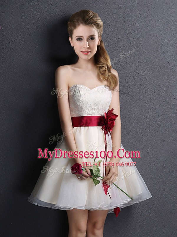 Delicate Organza Sleeveless Mini Length Quinceanera Court of Honor Dress and Lace and Hand Made Flower
